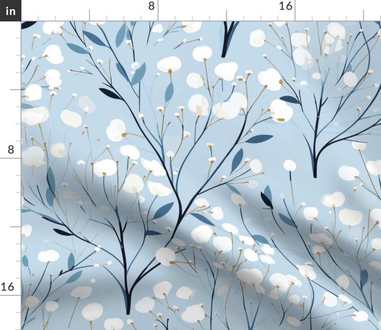 Modern Floral Abstract Flowers Winter Garden Blossom Blue White Botanical Branches Custom Printed Fabric by Spoonflower Various Fabrics by the Yard or Fat Quarter